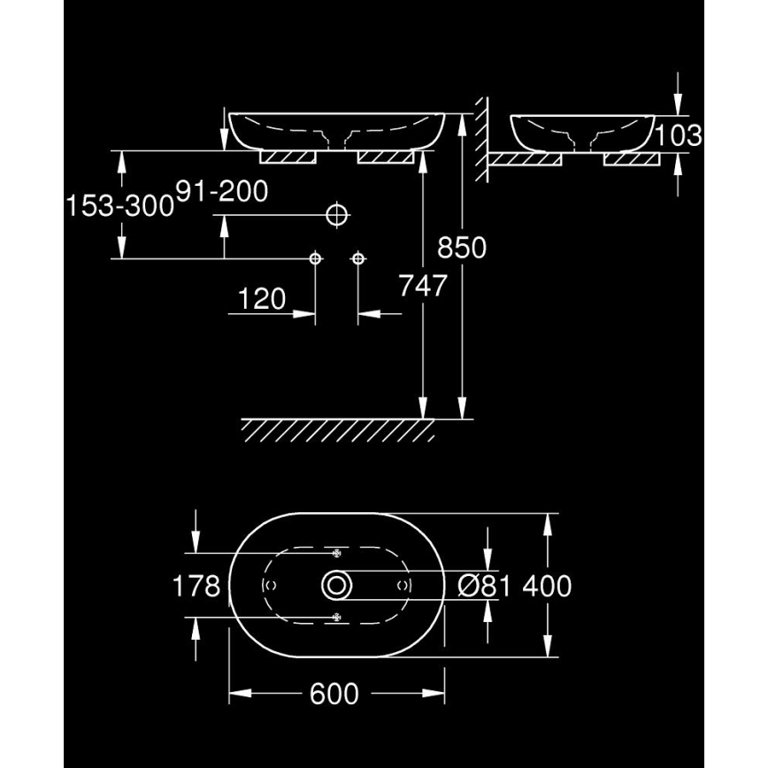 GROHE 3960800H - Tvättställ för bänkskiva ESSENCE 600 × 400 mm keramik/vit