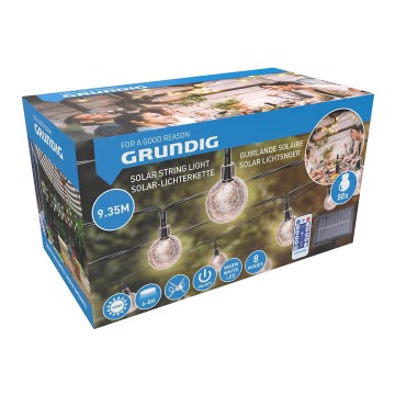 Grundig - Dimbar solcellsdriven ljusslinga med 50 LED, 8 funktioner, 9,35 m, varmvit, 1200 mAh, IP44 + fjärrkontroll