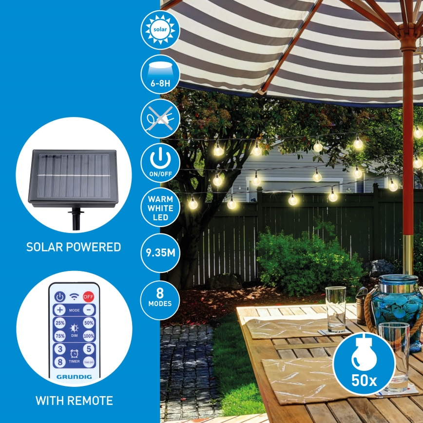 Grundig - Dimbar solcellsdriven ljusslinga med 50 LED, 8 funktioner, 9,35 m, varmvit, 1200 mAh, IP44 + fjärrkontroll