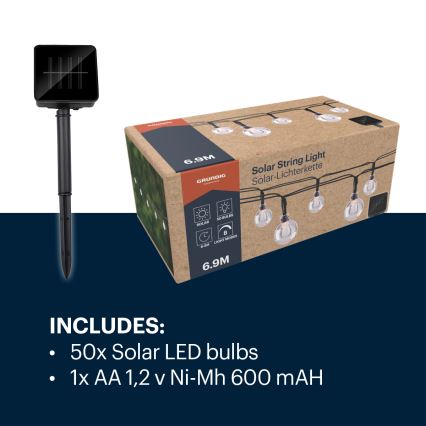 Grundig - LED solcellsljusslinga 50xLED/8 funktioner 6,9 m varmvit 600 mAh