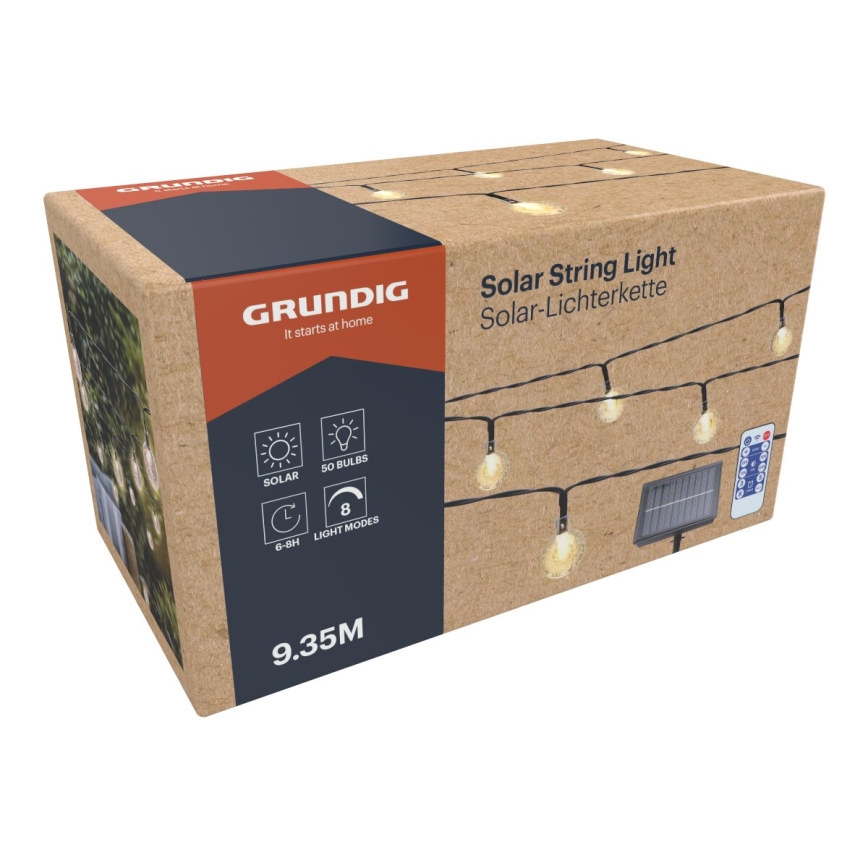 Grundig - LED dimbar solcellskedja 50xLED/8 funktioner 9,35m IP44 varmvit 600 mAh + fjärrkontroll