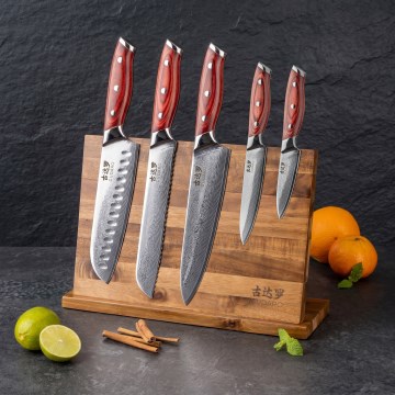 Gudaro - 5-delars set med köksknivar i damaskusstål KENSHO + magnetisk knivlist