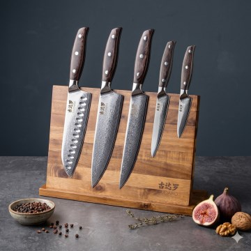 Gudaro - 5-delars set: SHIRO köksknivar i damaskusstål + magnetisk knivhållare