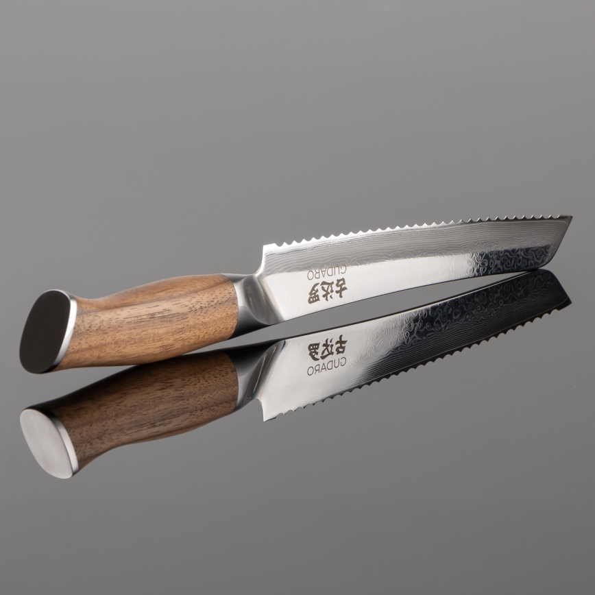Gudaro - Damaskus brödkniv TAKUMI 8, 67-lagers stål, bladlängd 20 cm, valnöt