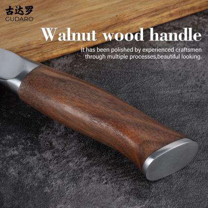 Gudaro - Damaskus-kockkniv TAKUMI 8, 67-lagers stål, bladlängd 20 cm, valnöt