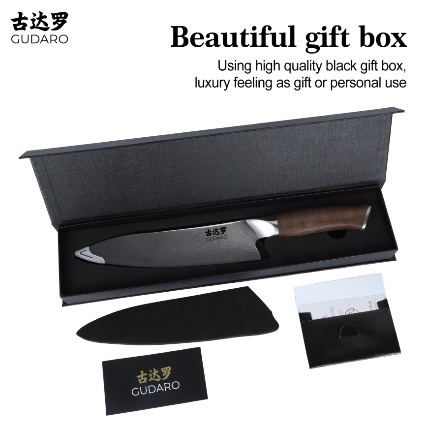 Gudaro - Damaskus-kockkniv TAKUMI 8, 67-lagers stål, bladlängd 20 cm, valnöt