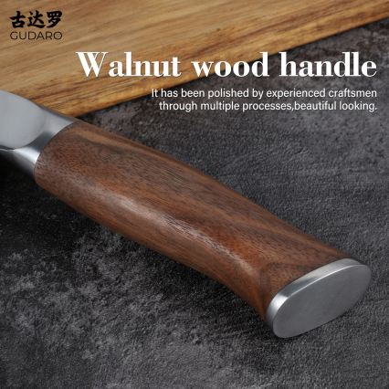 Gudaro - Damaskus Santokukniv TAKUMI 7, 67-lagers stål, längd 17,5 cm, valnöt