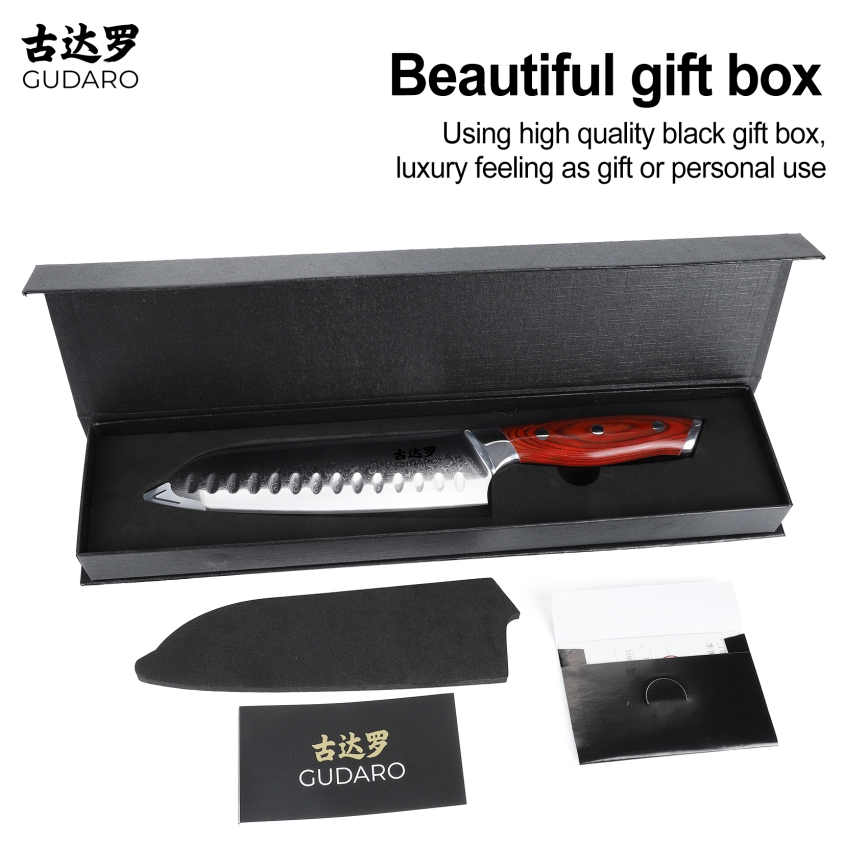 Gudaro - Santoku-kökskniv KENSHO 7 i damaskusstål, 67 lager, längd 17,5 cm