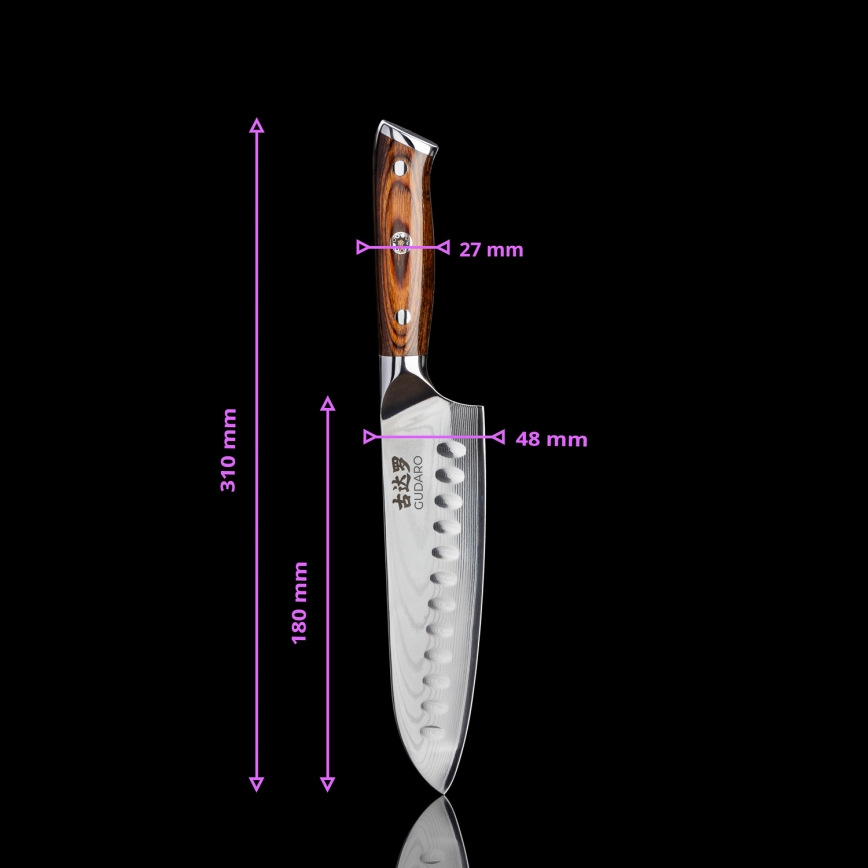 Gudaro - Set med 2x damaskus Santoku-köksknivar FENG 7,5, 67-lagers damaskusstål, bladlängd 18 cm + 1x GRATIS damaskus fruktkniv FENG 3,5, 67-lagers damaskusstål, bladlängd 9,5 cm