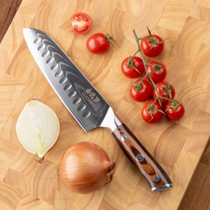 Gudaro - Set med 2x damaskus Santoku-kökskniv FENG 7,5, 67-lagers damaskusstål, bladlängd 18 cm + 1x GRATIS damaskus kökskniv FENG 3,5, 67-lagers damaskusstål, bladlängd 9,5 cm