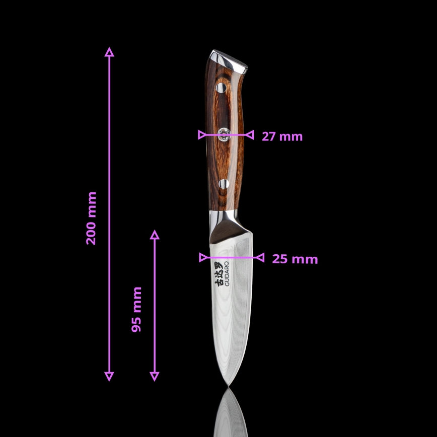 Gudaro - Set med 2x damaskus Santoku-kökskniv FENG 7,5, 67-lagers damaskusstål, bladlängd 18 cm + 1x GRATIS damaskus kökskniv FENG 3,5, 67-lagers damaskusstål, bladlängd 9,5 cm