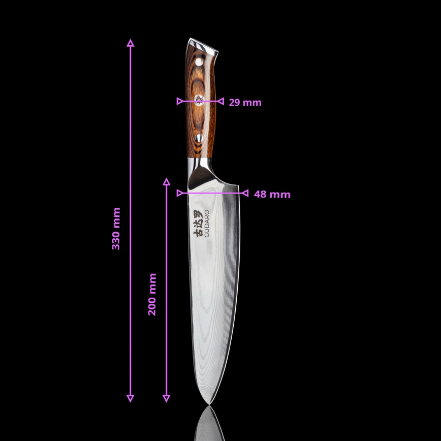 Gudaro - SET 1x Damaskus kockkniv FENG 8, 67 lager stål, längd 20 cm + 1x Damaskus Santokukniv FENG 7,5, 67 lager stål, längd 18 cm + 1x GRATIS Damaskus paringskniv FENG 3,5, 67 lager stål, längd 9,5 cm