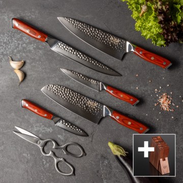 Gudaro-set med 5 damaskus köksknivar MIYABI + knivställ och kycklingsax