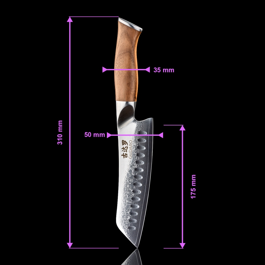 Gudaro - TAKUMI Santoku-kökskniv i damaskusstål 7, 67 lager, längd 17,5 cm, valnötshandtag