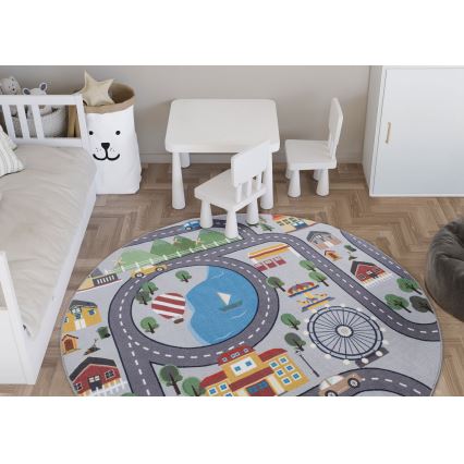 Halksäker barnmatta ARES STREETS 160 cm, grå med stadsmotiv