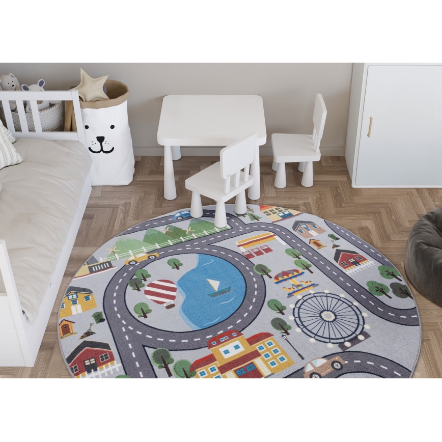 Halksäker barnmatta ARES STREETS 160 cm, grå med stadsmotiv