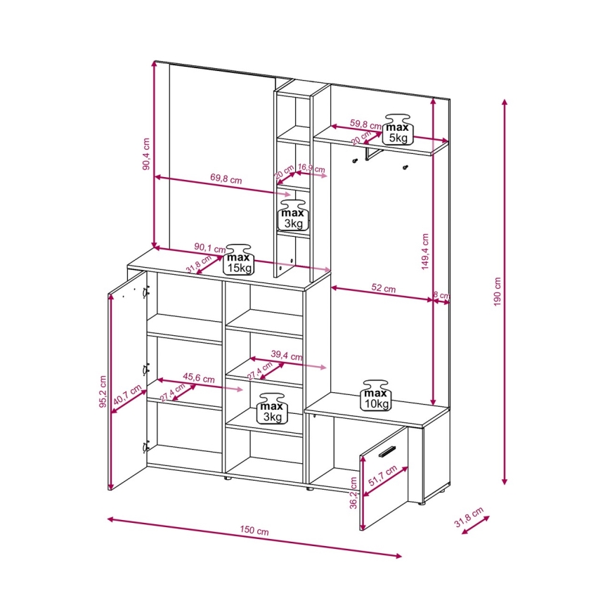 Hallmöbel med spegel KEVIN brun/vit