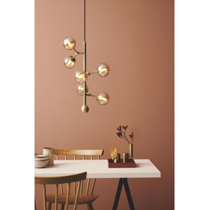 Halo Design 738861 - Taklampa på vajer ATOM 6xG9/28W/230V Ø 30 cm mässing/rökig beige