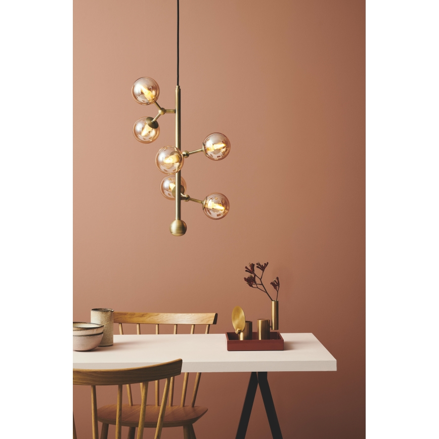 Halo Design 738861 - Taklampa på vajer ATOM 6xG9/28W/230V Ø 30 cm mässing/rökig beige