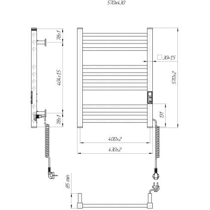 Handdukstork för badrum HF DERBY 100W/230V 57x43 cm vit, högerutförande