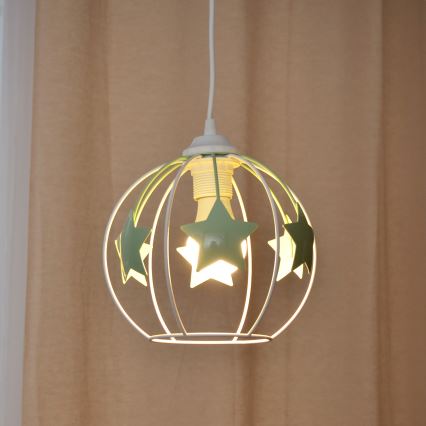 Hängande ljuskrona med textilsladd för barn STARS 1xE27/15W/230V grön/vit