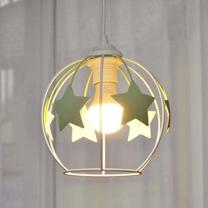 Hängande ljuskrona med textilsladd för barn STARS 1xE27/15W/230V grön/vit