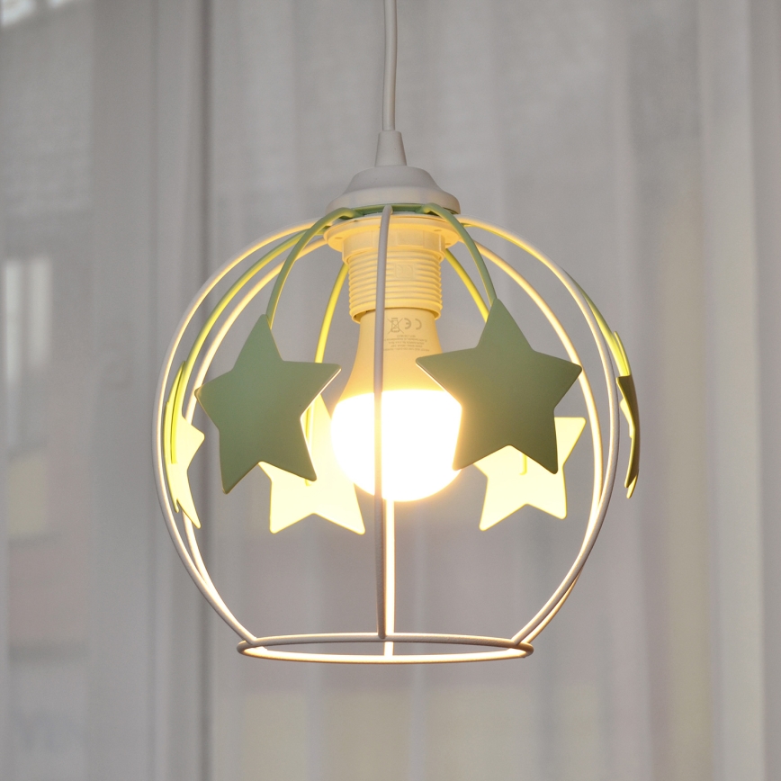 Hängande ljuskrona med textilsladd för barn STARS 1xE27/15W/230V grön/vit