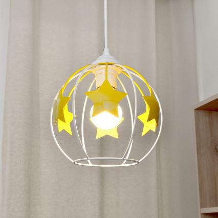 Hängande ljuskrona med textilsladd för barn STARS 1xE27/15W/230V gul/vit