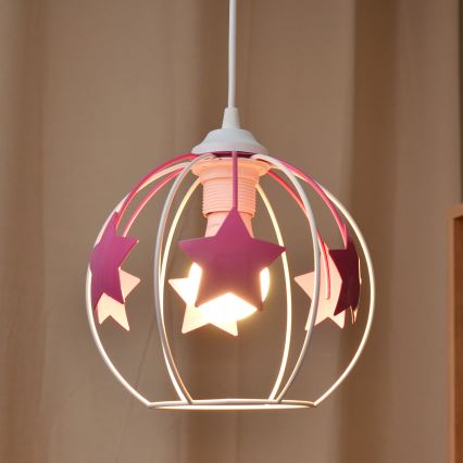 Hängande ljuskrona med textilsladd för barn STARS 1xE27/15W/230V rosa/vit