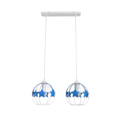 Hängande ljuskrona med textilsladd för barn STARS 2xE27/15W/230V blå/vit