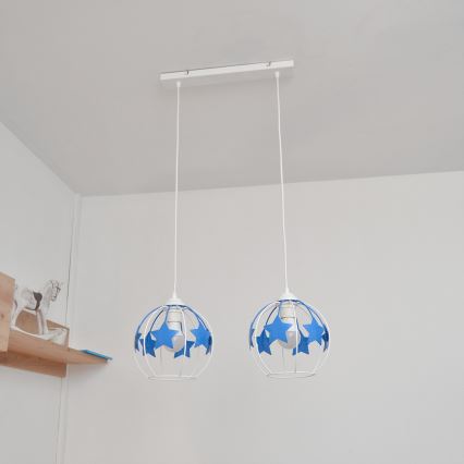 Hängande ljuskrona med textilsladd för barn STARS 2xE27/15W/230V blå/vit