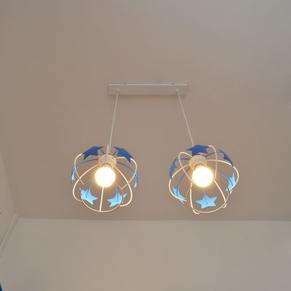 Hängande ljuskrona med textilsladd för barn STARS 2xE27/15W/230V blå/vit