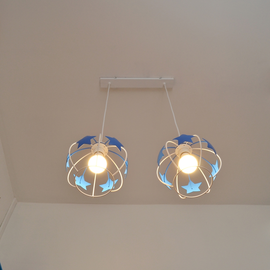 Hängande ljuskrona med textilsladd för barn STARS 2xE27/15W/230V blå/vit