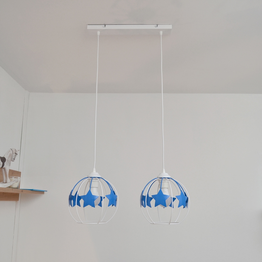 Hängande ljuskrona med textilsladd för barn STARS 2xE27/15W/230V blå/vit