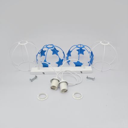 Hängande ljuskrona med textilsladd för barn STARS 2xE27/15W/230V blå/vit