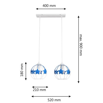 Hängande ljuskrona med textilsladd för barn STARS 2xE27/15W/230V blå/vit