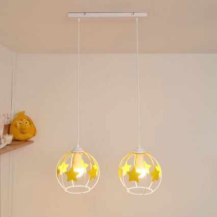 Hängande ljuskrona med textilsladd för barn STARS 2xE27/15W/230V gul/vit