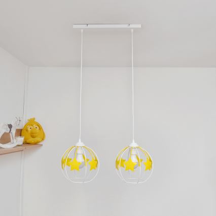 Hängande ljuskrona med textilsladd för barn STARS 2xE27/15W/230V gul/vit