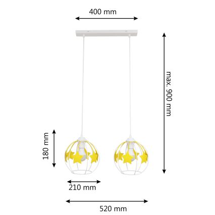 Hängande ljuskrona med textilsladd för barn STARS 2xE27/15W/230V gul/vit