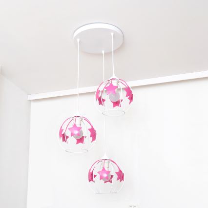 Hängande ljuskrona med textilsladd för barn STARS 3xE27/15W/230V rosa/vit