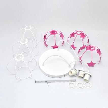 Hängande ljuskrona med textilsladd för barn STARS 3xE27/15W/230V rosa/vit