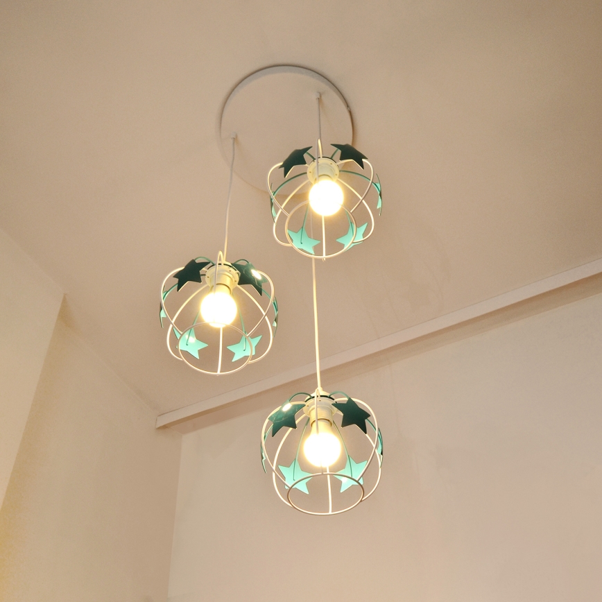 Hängande ljuskrona med textilsladd för barn STARS 3xE27/15W/230V turkos/vit