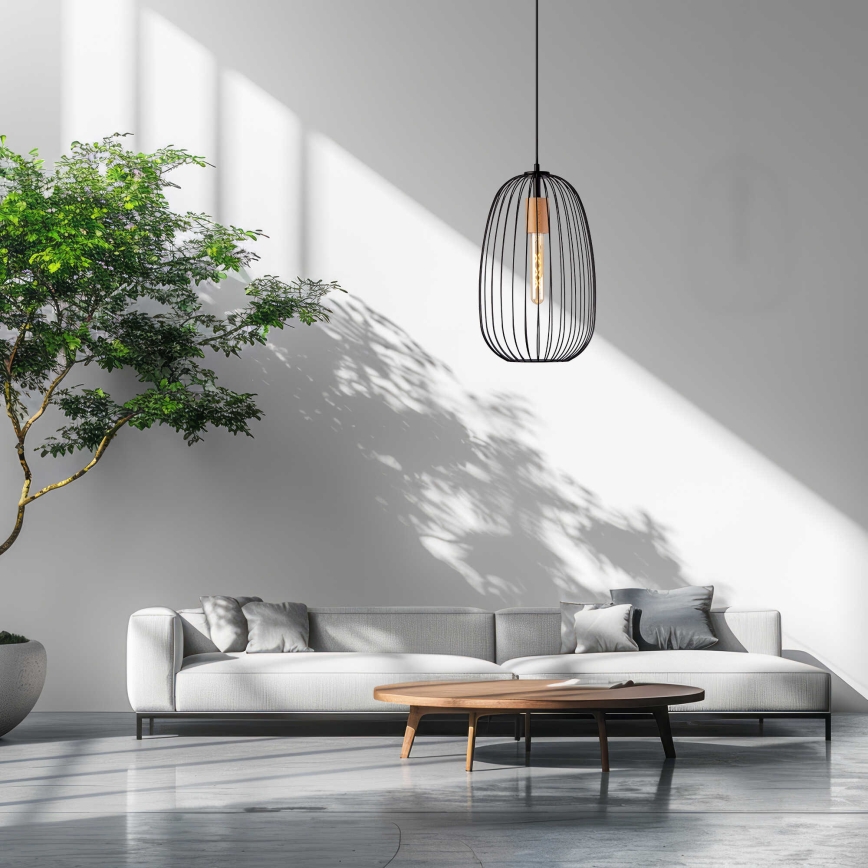 Hänglampa på kabel OVELLA 1xE27/15W/230V Ø 25 cm svart/furu