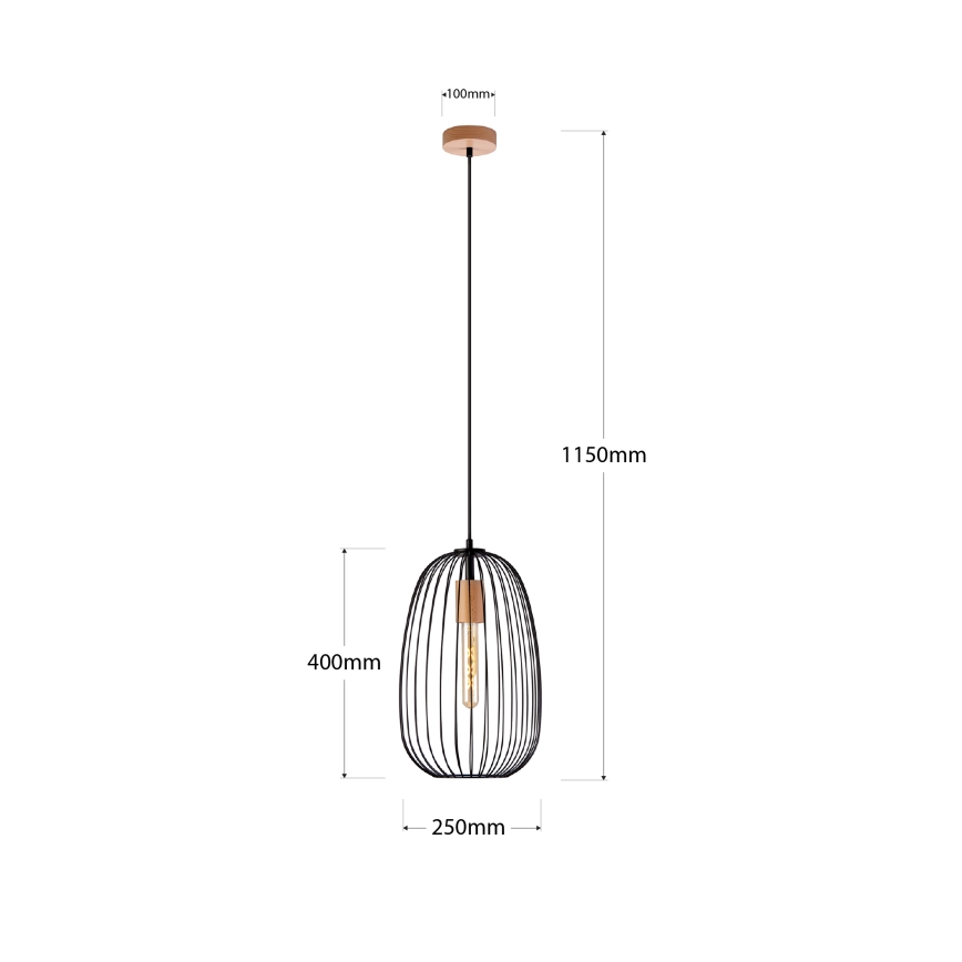 Hänglampa på kabel OVELLA 1xE27/15W/230V Ø 25 cm svart/furu