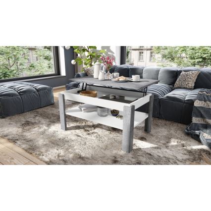 Utdragbart soffbord med lyftbar bordsskiva och hylla ADEN grå betong/vit