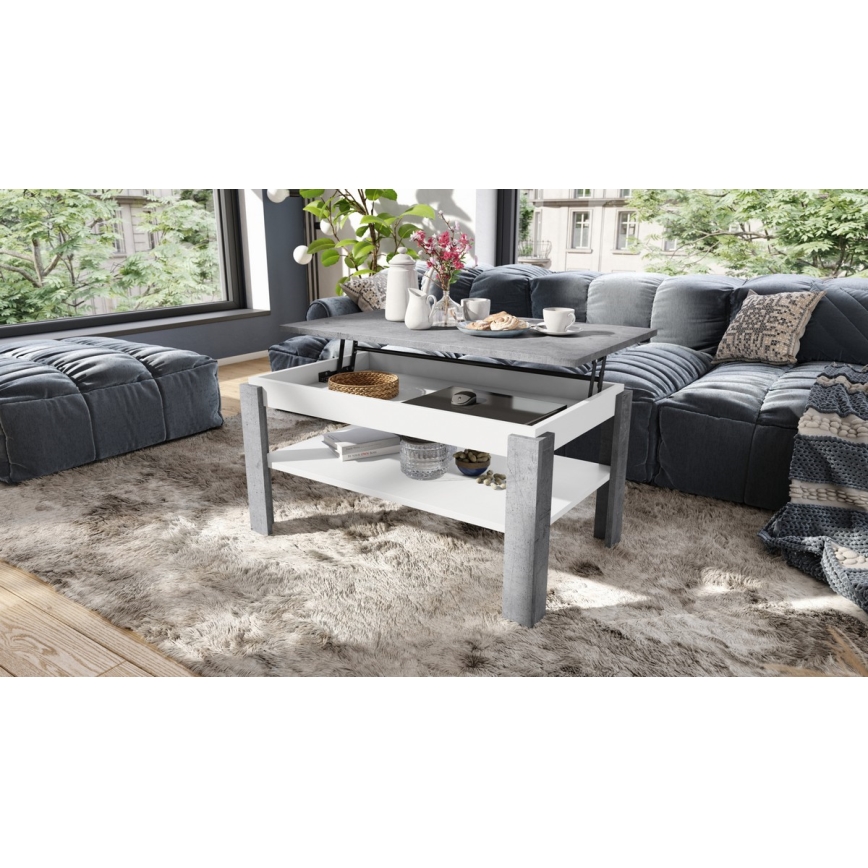 Utdragbart soffbord med lyftbar bordsskiva och hylla ADEN grå betong/vit