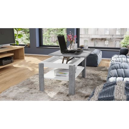 Utdragbart soffbord med lyftbar bordsskiva och hylla ADEN grå betong/vit