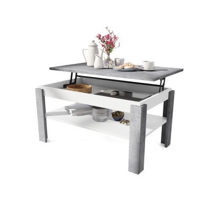 Utdragbart soffbord med lyftbar bordsskiva och hylla ADEN grå betong/vit