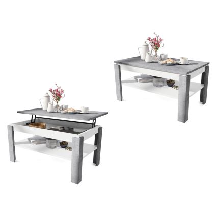 Utdragbart soffbord med lyftbar bordsskiva och hylla ADEN grå betong/vit