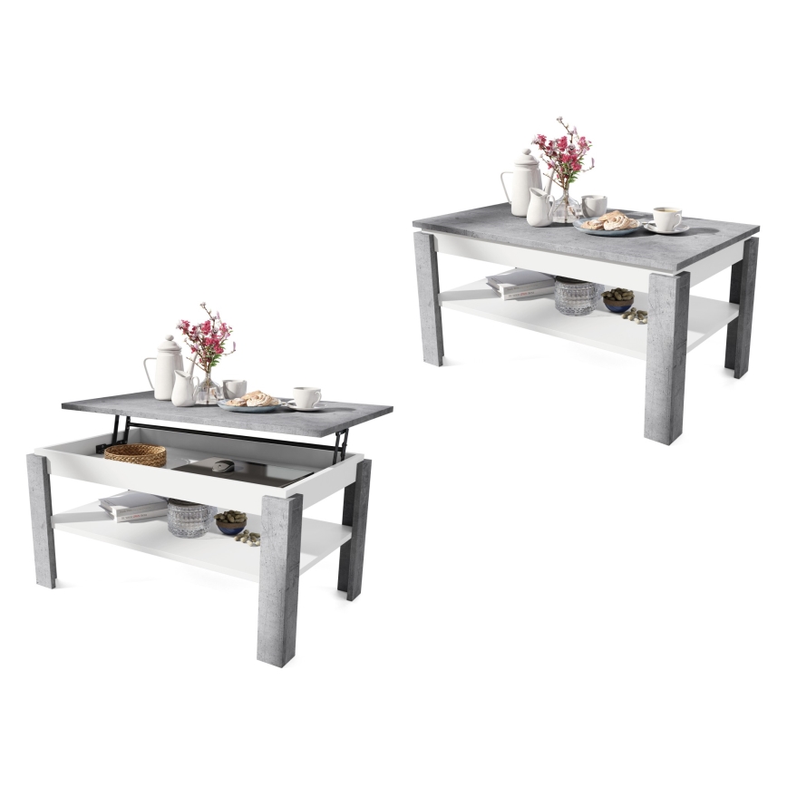 Utdragbart soffbord med lyftbar bordsskiva och hylla ADEN grå betong/vit